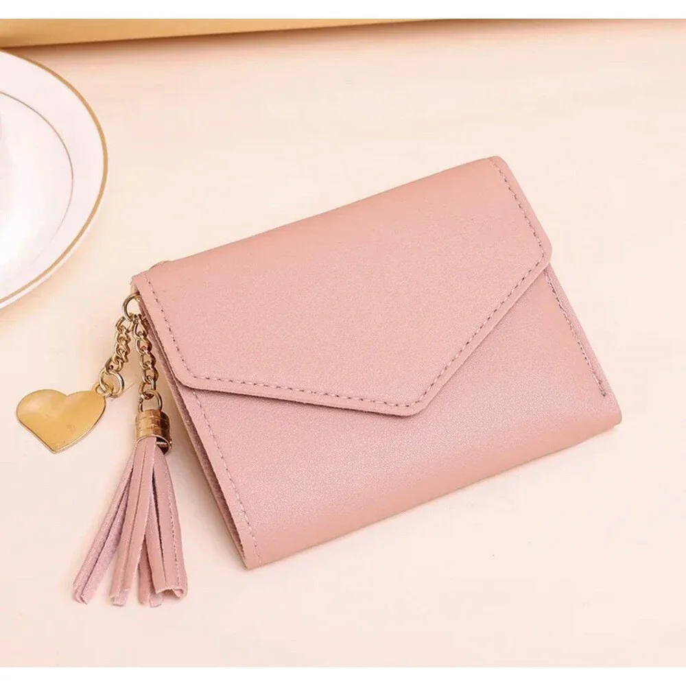 Womens Pink Trifold Wallet Faux Leather Card Holder Cash ID Heart Tassel